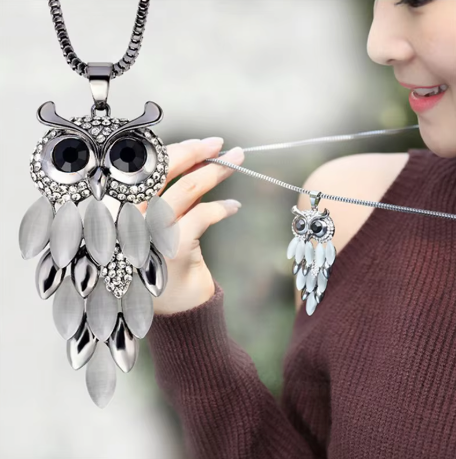Collier Long Hibou Strass Blanc – Longueur 81 Cm – Neuf Sans Emballage – Style Bohème