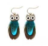 paire de boucles d'oreilles hibou plume bleu turquoise pas cher