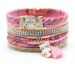 bracelets manchette cuir rose strass breloque hibou chouette