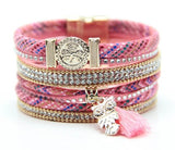 bracelets manchette cuir rose strass breloque hibou chouette