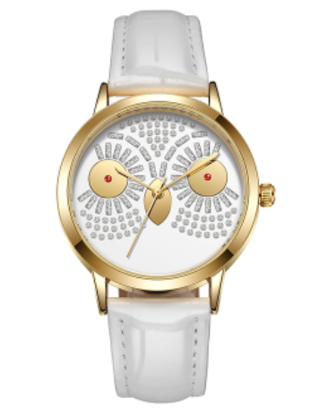 belle montre hibou blanc or strass