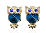 paire de boucles d'oreilles chouette hibou bleu et or