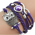 bracelet manchette cuir hibou chouette violet en argent