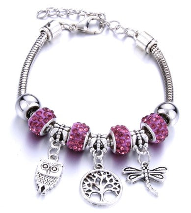 bracelet plusieurs bijoux pendants hibou chouette libellule arbre de vie