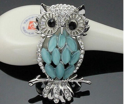 broche hibou en argent et nacre bleu