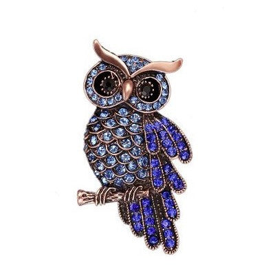 Broche Chouette/hibou En Métal Laiton Et Zircon Bleu - 4,5 Cm - Pour Homme Et Femme - Neuf Avec étiquettes