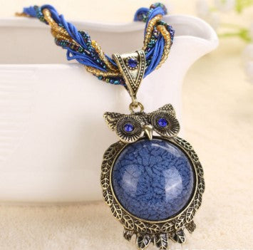 collier pendentif hibou chouette bleu pierre precieuse