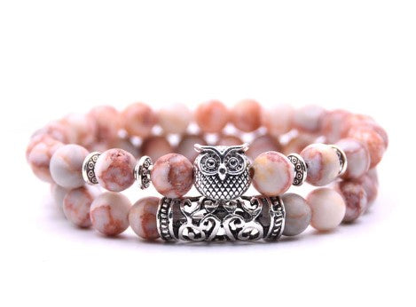 ensemble de bracelets bien etre pierre naturelle rosatre hibou chouette argent