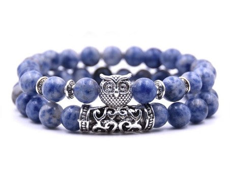 ensemble de bracelets perle pierre naturelle bleu hibou argent chouette