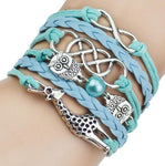 plusieurs bracelets en un hibou cuir bleu et symboles
