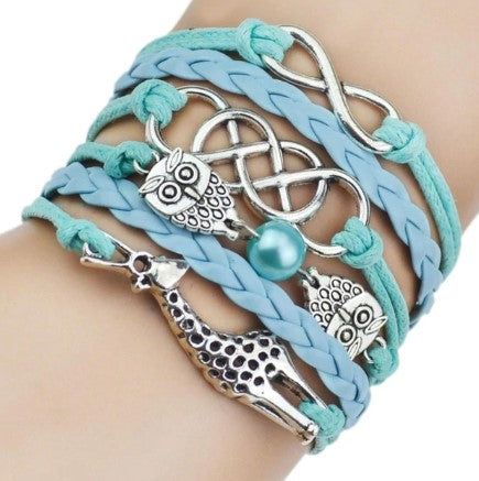 plusieurs bracelets en un hibou cuir bleu et symboles