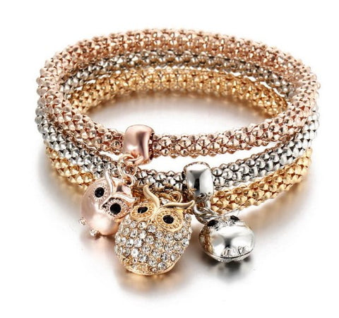 trio de bracelets hibou élastiques or argent faux diamants